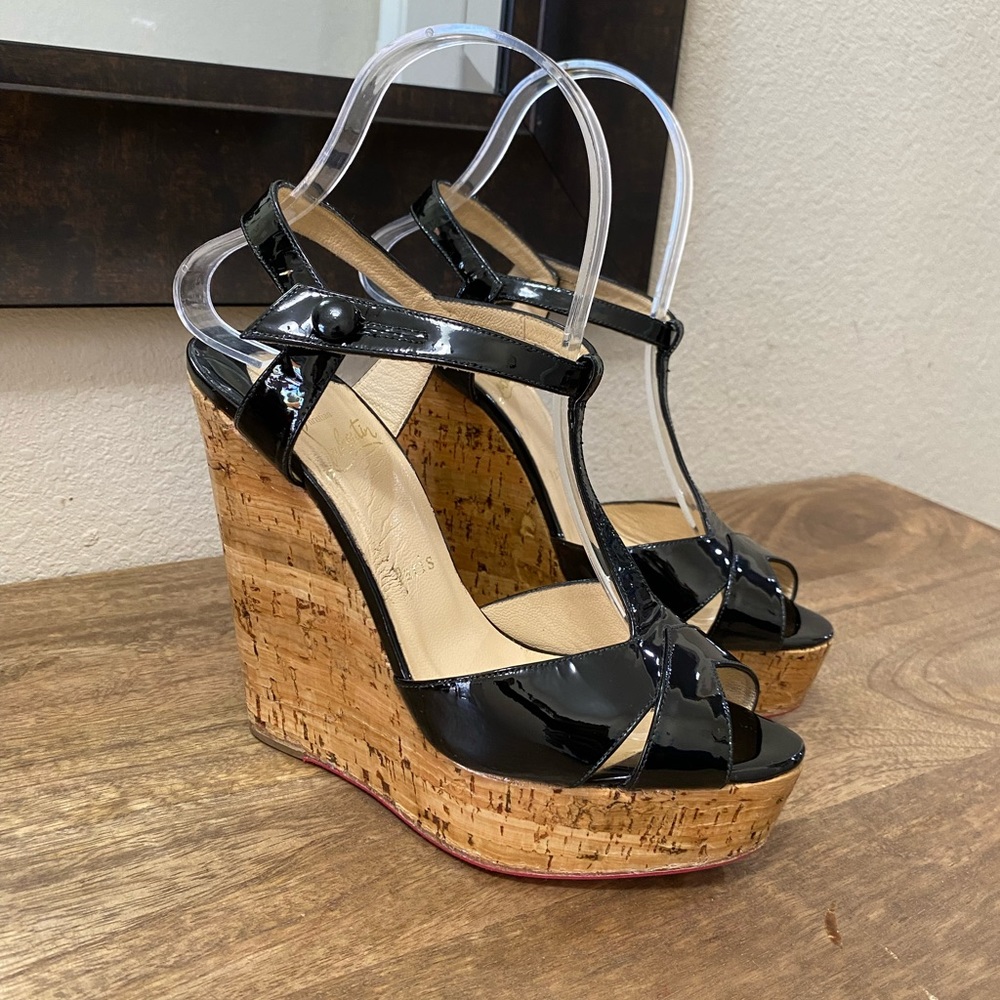 CHRISTIAN LOUBOUTIN BLACK PATENT SLINGBACK CORK WEDGES 140mm  EUR Sz 37 /US Sz 6